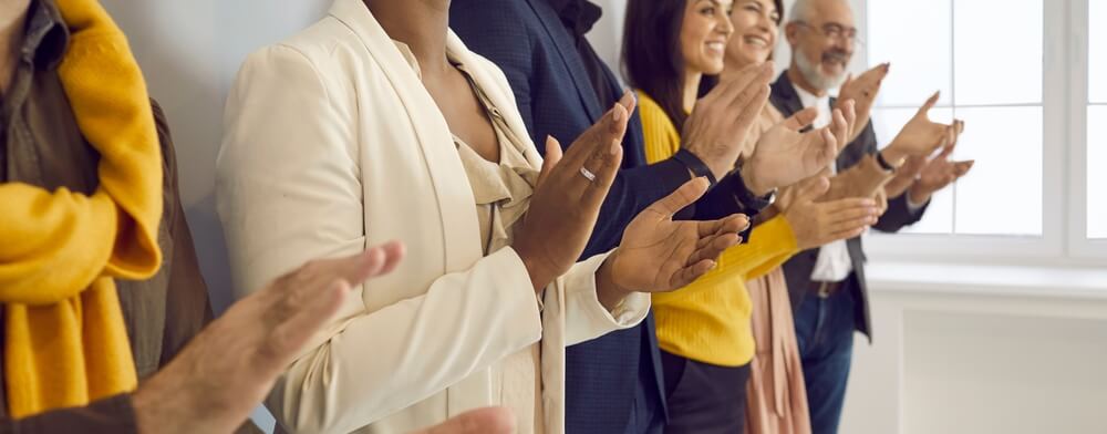 Happy Business People Clapping Hands Thanking Coach For Interesting Lecture.