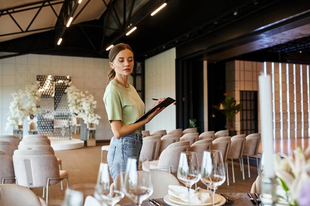 Young event manager with clipboard looking at table with festive setting in modern event hall.