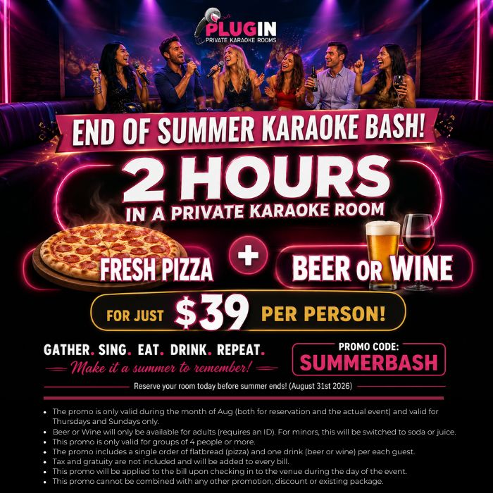 Group of six people singing into microphones on a lit stage, promoting an end-of-summer karaoke bash with pizza and drinks for $39 per person.
