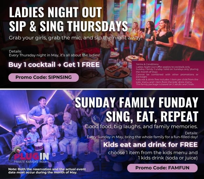 Promotional banner featuring two events: Ladies Night Out—Sip & Sing Thursdays with a group of women singing on stage, promo code SIPNSING; and Sunday Family Funday—family-friendly singing and dining with kids eat free, promo code FAMFUN.