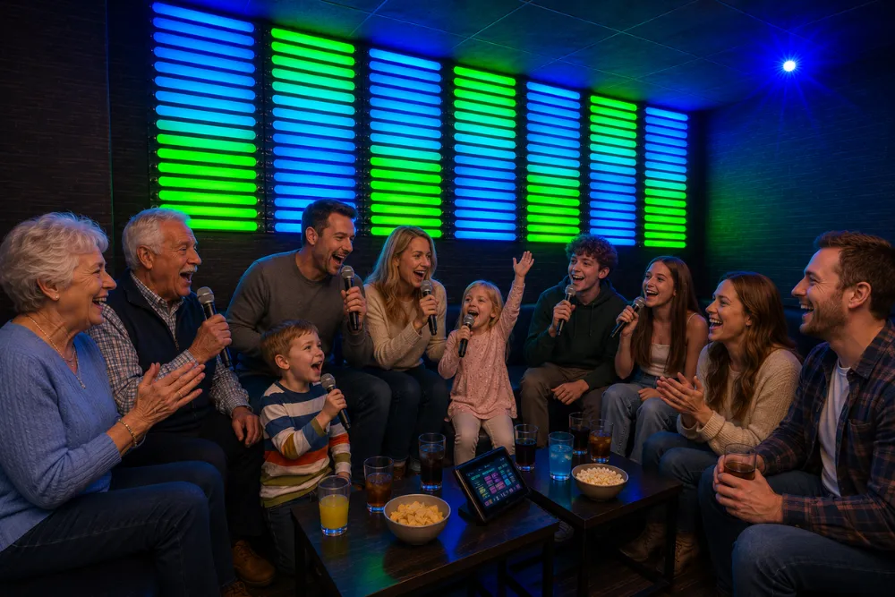 Group of adults and children singing into microphones around a low table in a neon-lit room, sharing snacks and drinks.